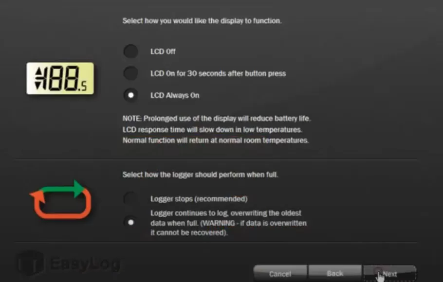 Cài đặt màn hình và nhiệt ẩm kế tự ghi EasyLog EL-USB-2-LCD sẽ vận hành như thế nào khi bộ nhớ đầy