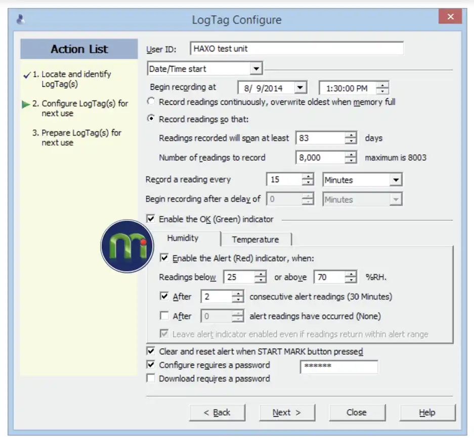 Màn hình cài đặt LogTag Haxo-8