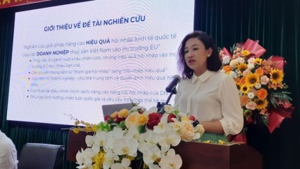 Tiến sĩ Nguyễn Thị Minh Phương, Trưởng khoa Kinh tế quốc tế, Học viện Ngoại giao phát biểu tại hội thảo.