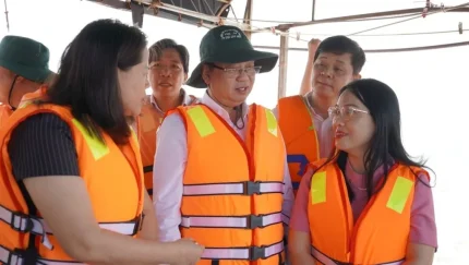 Ông Bùi Minh Thạnh, Phó Chủ tịch UBND TP.HCM (đội mũ) cùng lãnh đạo Văn phòng UBND TP, Sở Nông nghiệp và Môi trường TP.HCM kiểm tra, giám sát tàu cá tại khu vực xã đảo Thạnh An. Ảnh: Lê Bình.