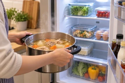 Chuyên gia khuyến nghị nên chia nhỏ thức ăn nóng vào nhiều hộp đựng thay vì cho cả nồi còn nóng vào tủ lạnh. Ảnh tạo bởi AI