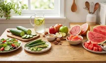 Bổ sung thực phẩm giàu nước là chiến lược đơn giản giúp cơ thể luôn đủ nước và kiểm soát đường huyết hiệu quả. Ảnh tạo từ AI
